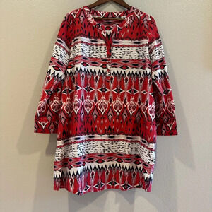 Ulla Popkin Red Tribal Print Partial‎ Button Front Tunic Top Long Sleeve 12/14